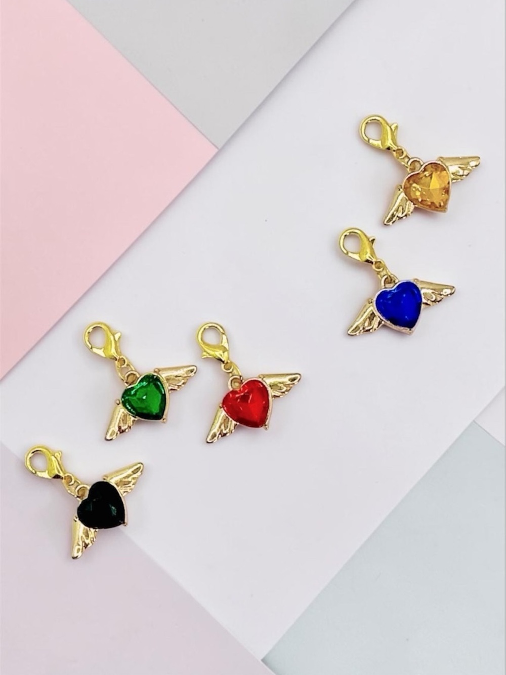 Lot of 5 Handcrafted Memorial Heart Angel Wings Pendant Crystal Heart Charms